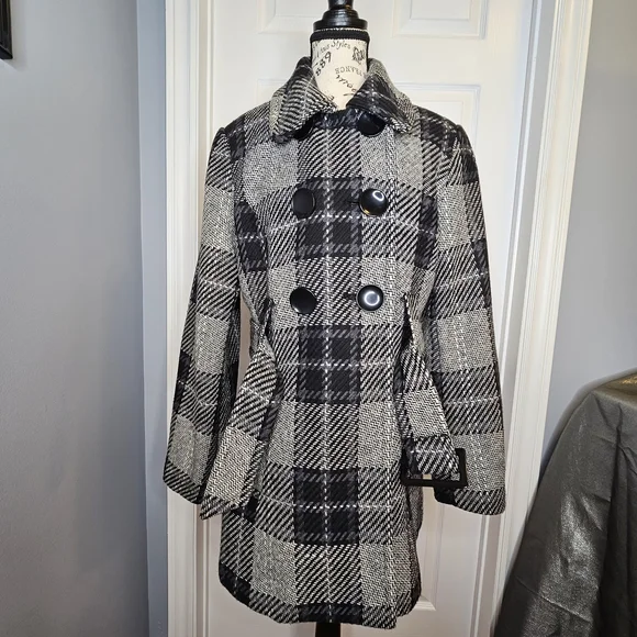 Ricki's Wool Blend Pea Coat Black Gray Plaid Checkered Women's Size M - Picture 4 of 14